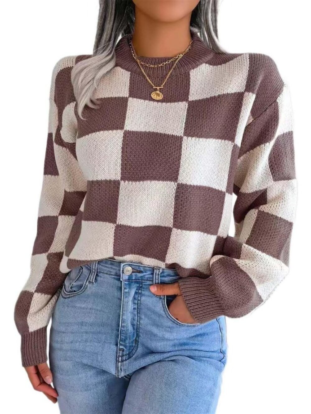 Color Block Checkered Crew Neck Long Sleeve Y2K Plaid Sweater - Vintage Preppy
